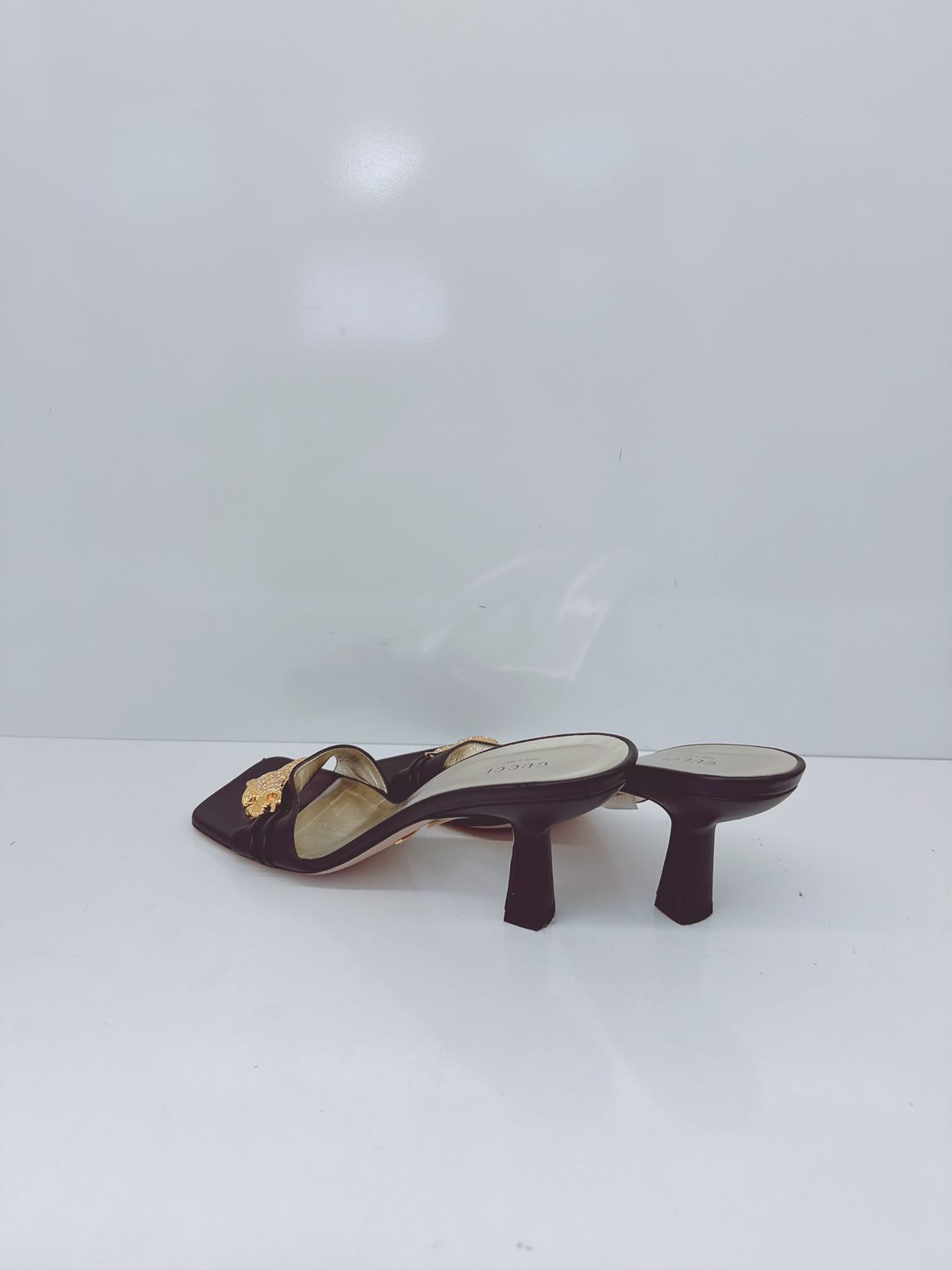 BLACK LEATHER DORA OPEN TOE SLIDE SANDALS 40.5