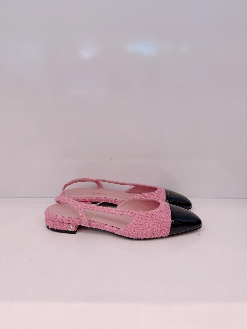 BLACK PINK PATENT LEATHER & TWEED SLINGBACK SANDALS 41C