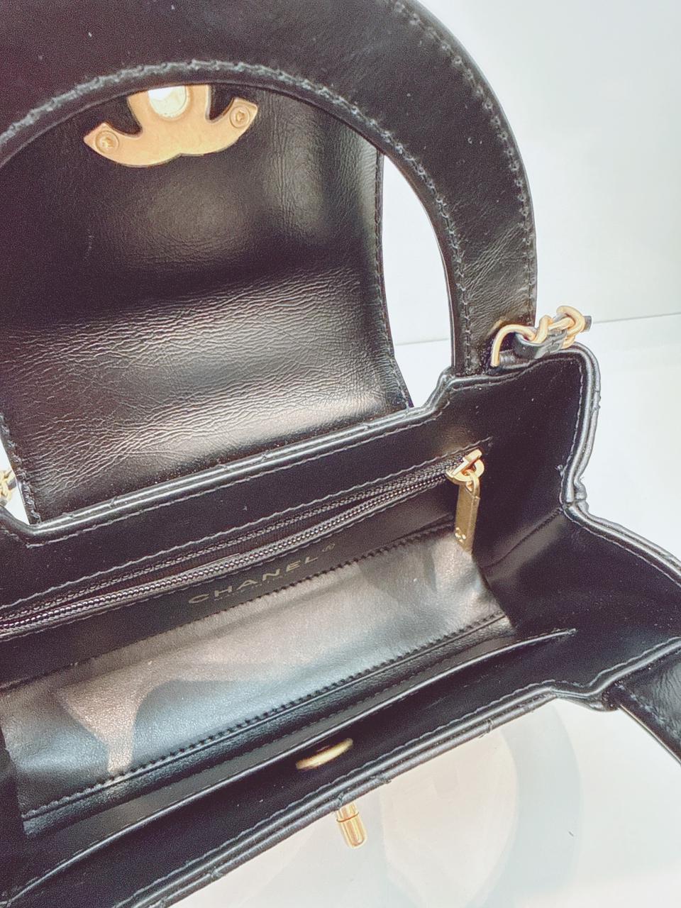 BLACK SHINY AGED CALFSKIN LEATHER KELLY MINI SHOPPING BAG