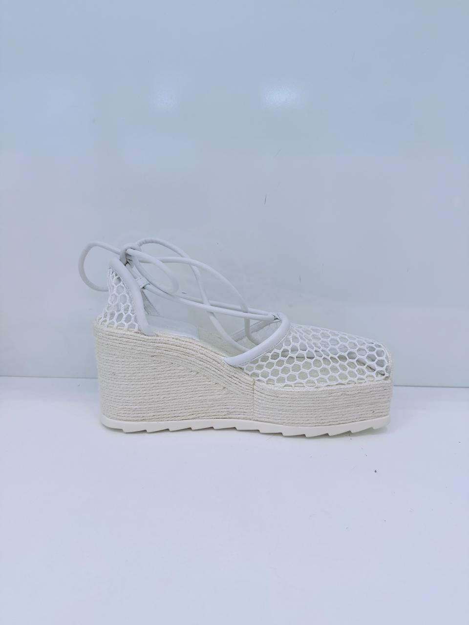 WHITE MESH AND LEATHER WEDGE PLATFORM ESPADRILE ANKLE WRAP SANDALS 38