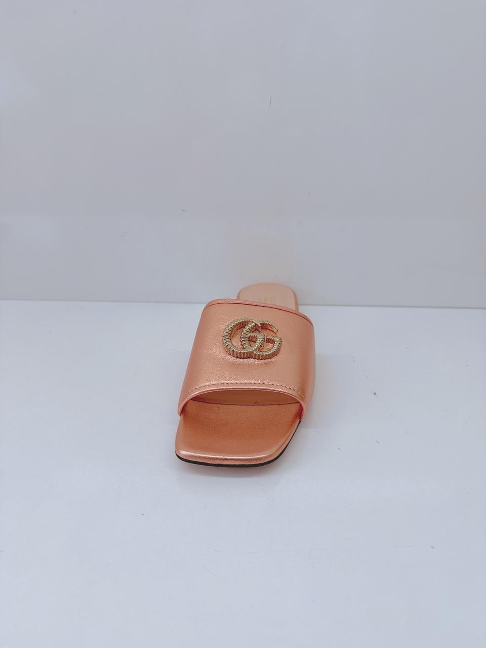 ROSE GOLD METALLIC LEATHER GG SLIDE SANDALS 37.5
