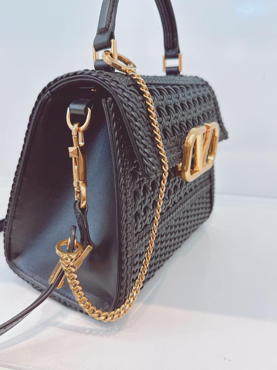 BLACK WOVEN LEATHER SMALL VSLING TOP HANDLE BAG
