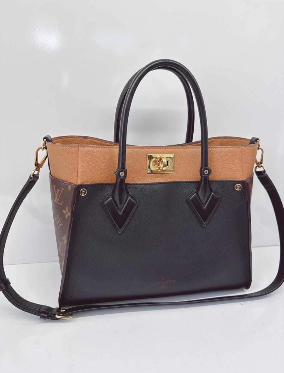 NOIR OBSCUR GRAINED CALF LEATHER AND MONOGRAM CANVAS ON MY SIDE MM TOTE BAG