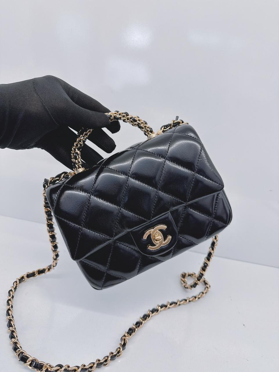 BLACK SHINY LAMBSKIN LEATHER MINI FLAP BAG WITH TOP HANDLE
