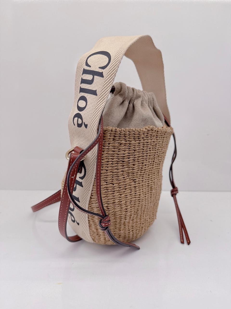 WOODY SMALL LEATHER TRIMMED RAFFIA BASKET BAG