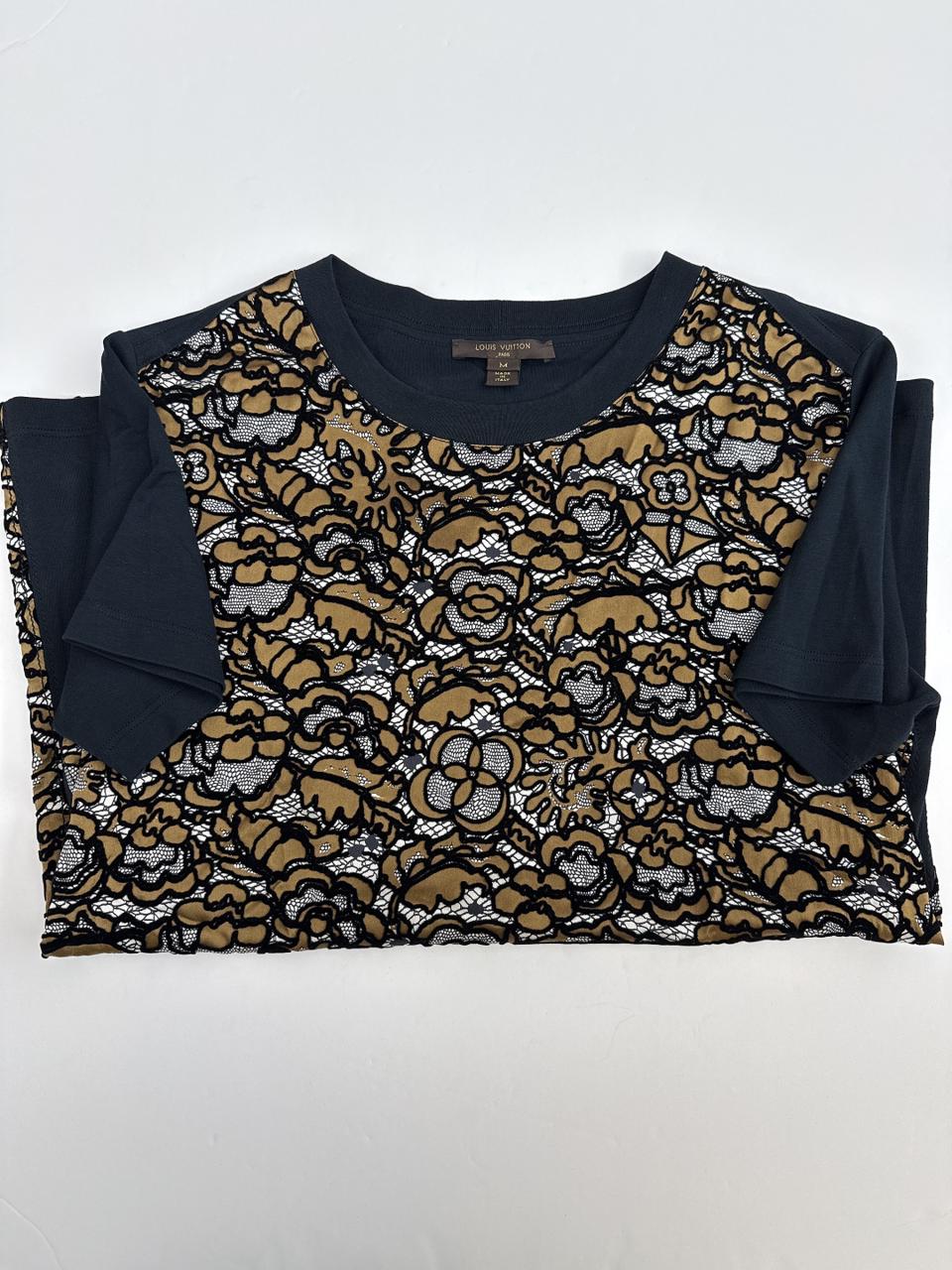 BLACK AND BROWN FLOCKED FLORAL SILK COTTON SHORT SLEEVE T-SHIRT M