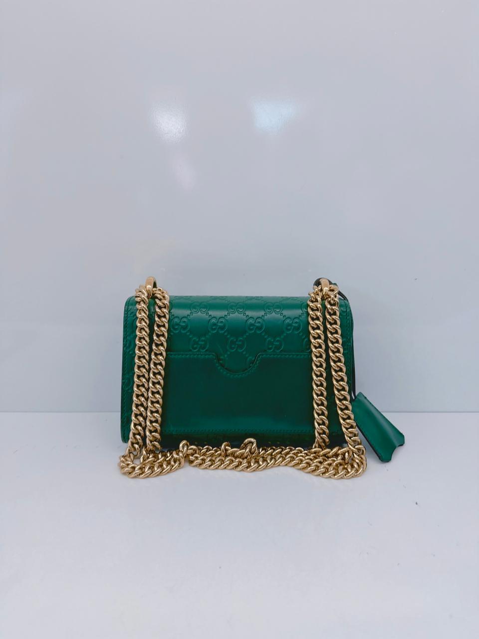 GREEN GUCCISIMA LEATHER SMALL PADLOCK CHAIN SHOULDER BAG