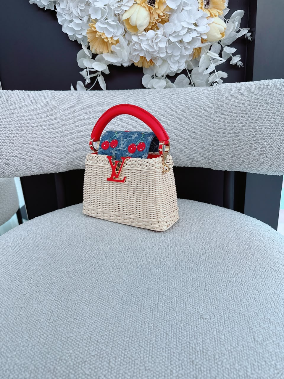 LOUIS VUITTON X TAKASHI MURAKAMI CAPUCINES MINI RED AND BLUE MONOGRAM CHERRY DENIM AND RATTAN WICKER GOLD HARDWARE