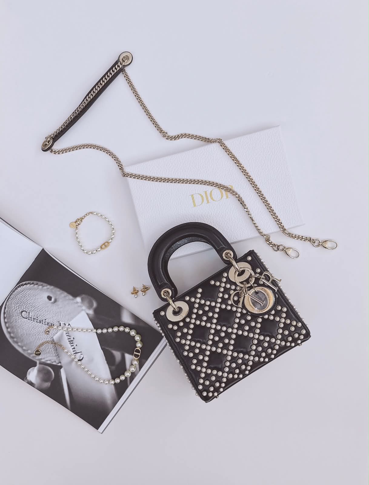 BLACK CRINKLE EFFECT LAMBSKIN PEARL CANNAGE MINI LADY DIOR