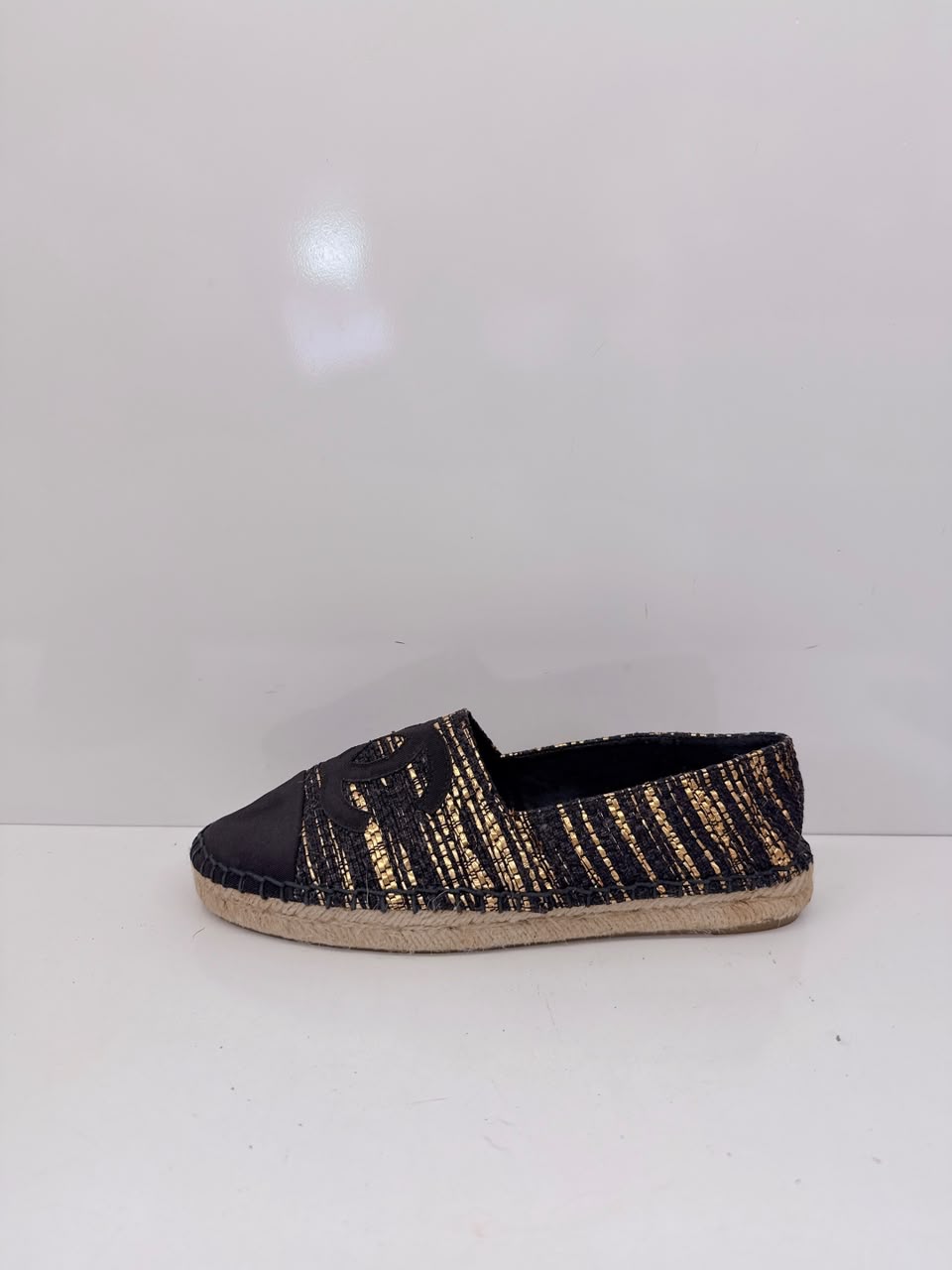 BLACK GOLD WOVEN FABRIC CC ESPADRILLES FLATS 38