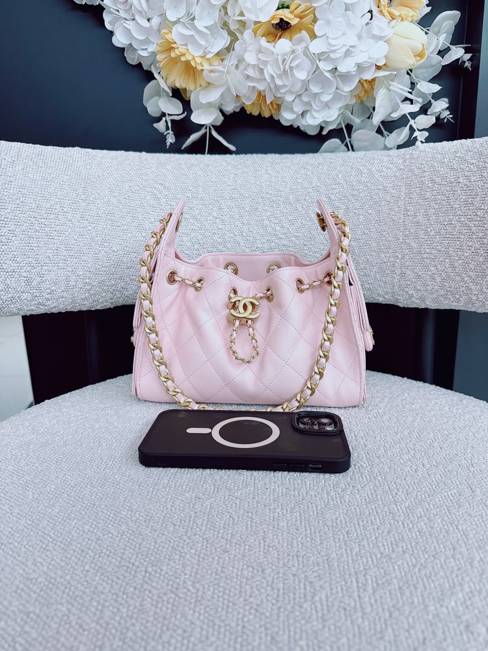 LIGHT PINK CAVIAR QUILTED MINI CHANEL 25 HANDBAG
