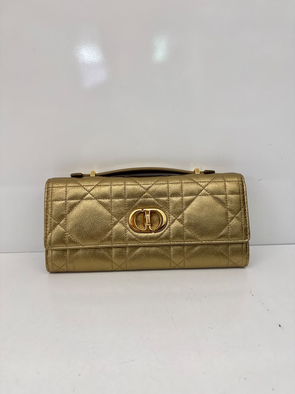 METALLIC GOLD TONE MACROCANNAGE LAMBSKIN LEATHER CARO TOP HANDLE POUCH