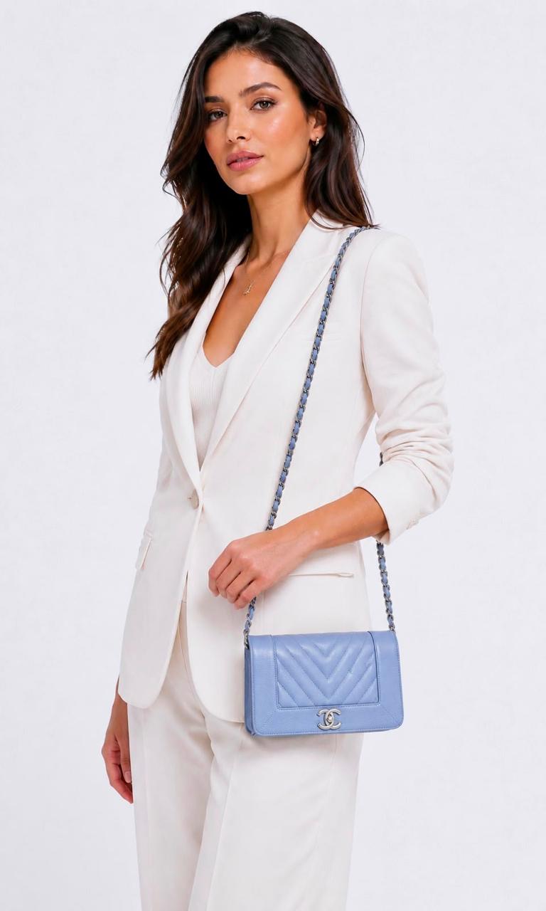 BLUE CAVIAR CHEVRON LEATHER VINTAGE MADEMOISELLE WALLET ON CHAIN