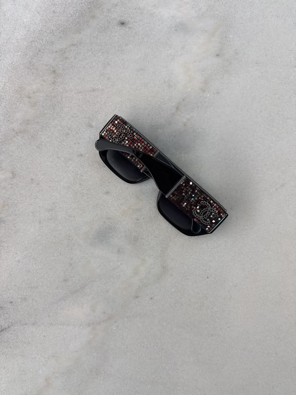 BLACK MULTICOLOR ACETATE TWEED DIAMANTE CHAIN CC RECTANGLE SUNGLASSES