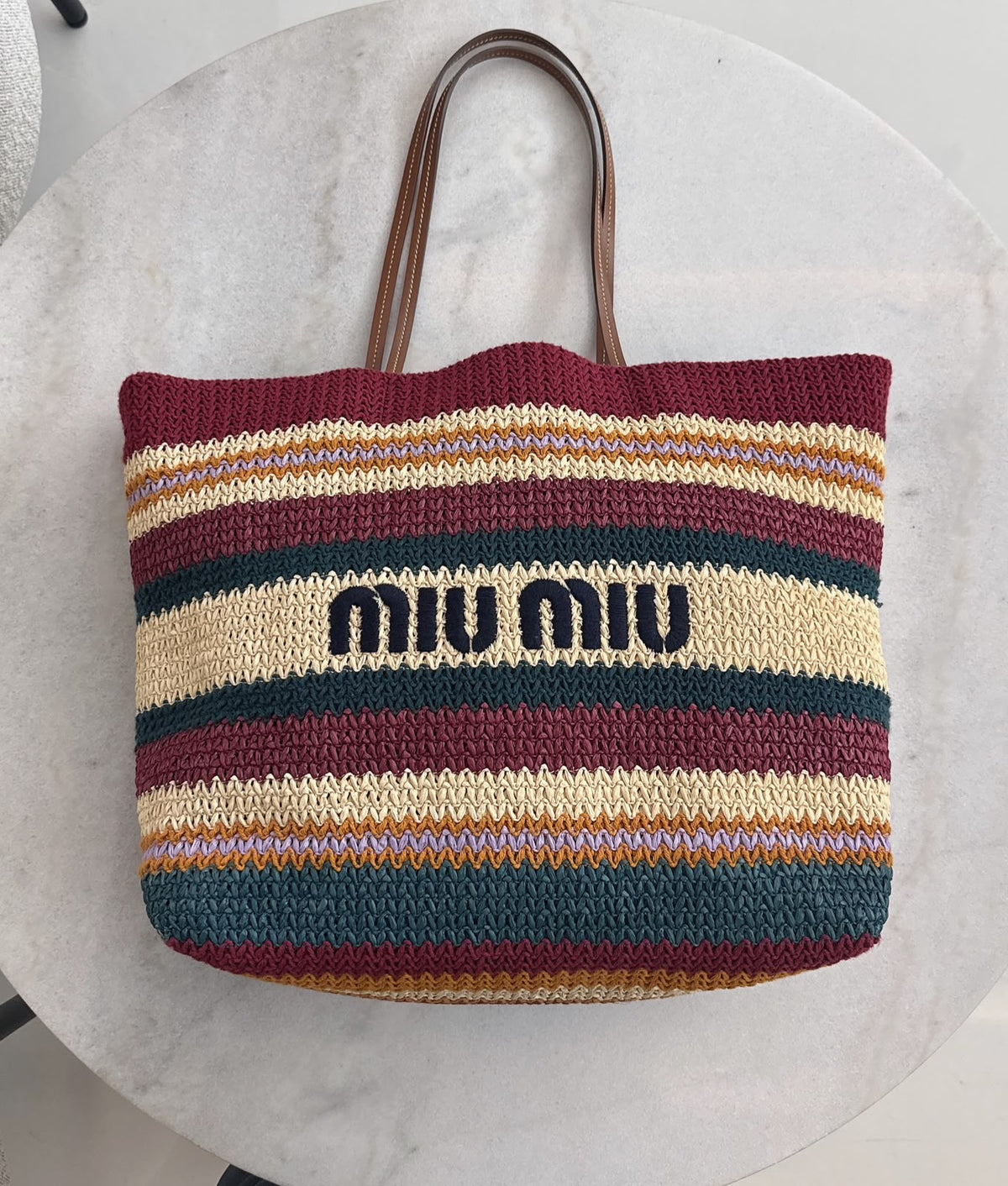 MULTICOLOR STRIPED WOVEN RAFFIA-EFFECT TOTE BAG