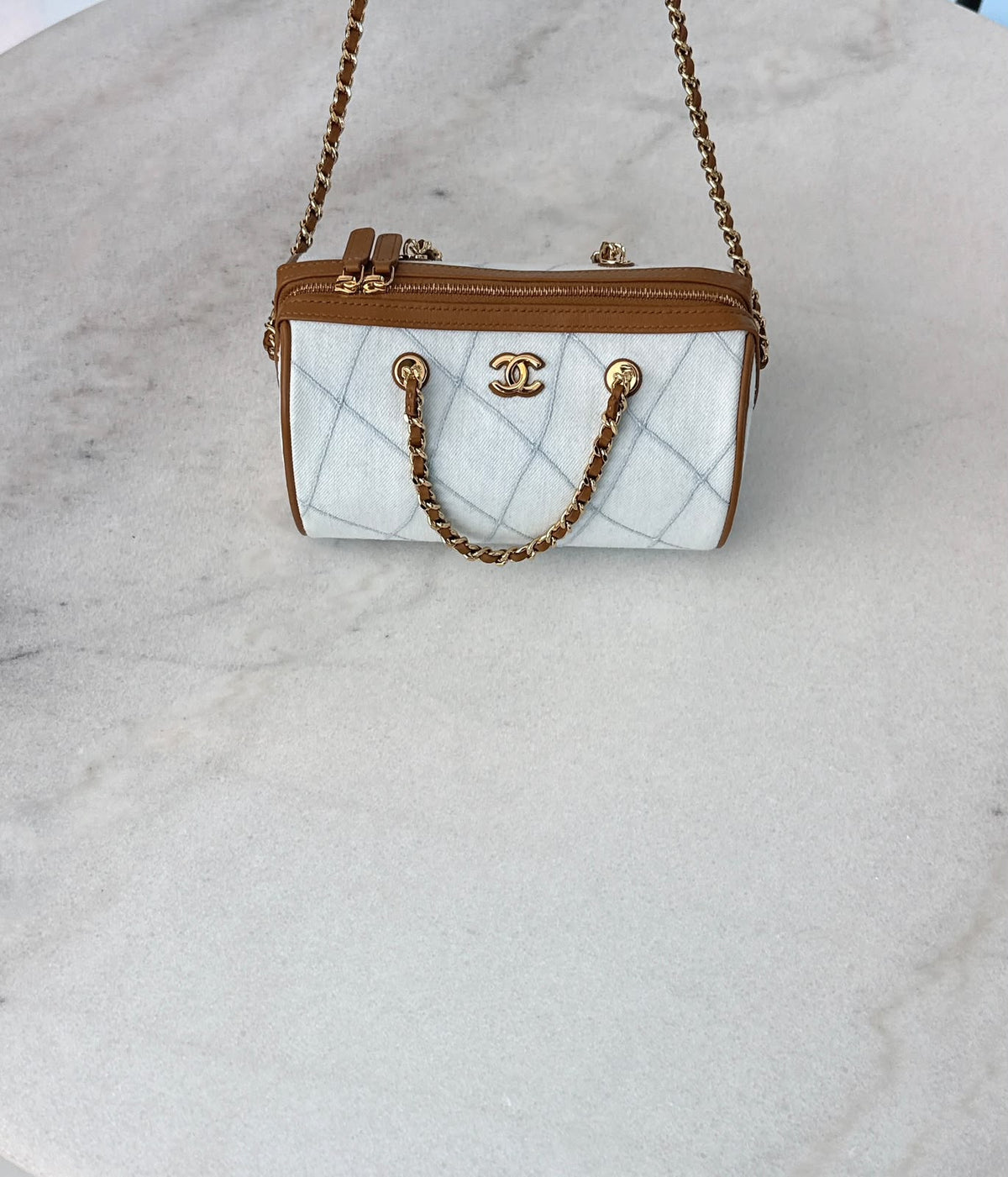 LIGHT BLUE BROWN WASH DENIM AND LEATHER COCO BEACH MINI TIMELESS CLASSIC BARREL BAG GHW