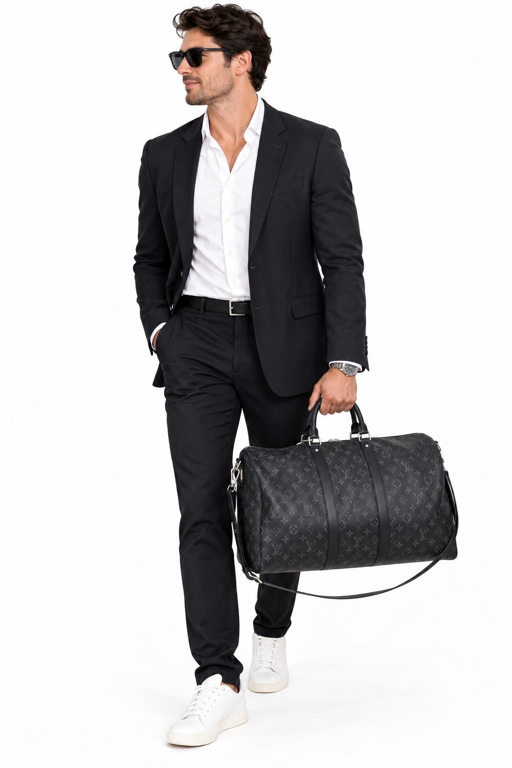 BLACK AND GREY MONOGRAM ECLIPSE CANVAS KEEPALL BANDOULIERE 55