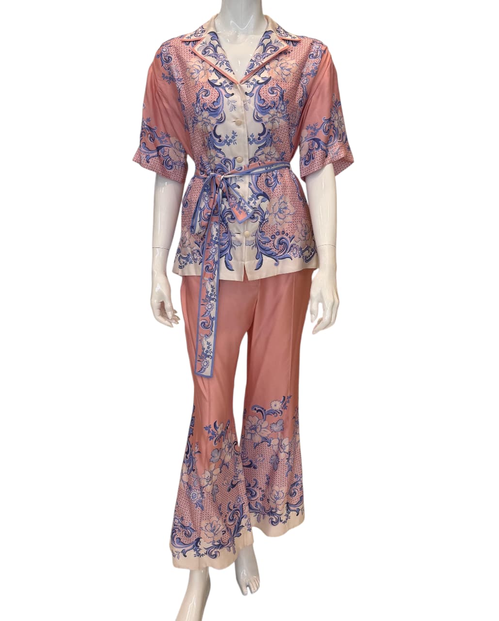PINK POSTCARD BELTED PRINTED SILK SHIRT AND PANTS SET