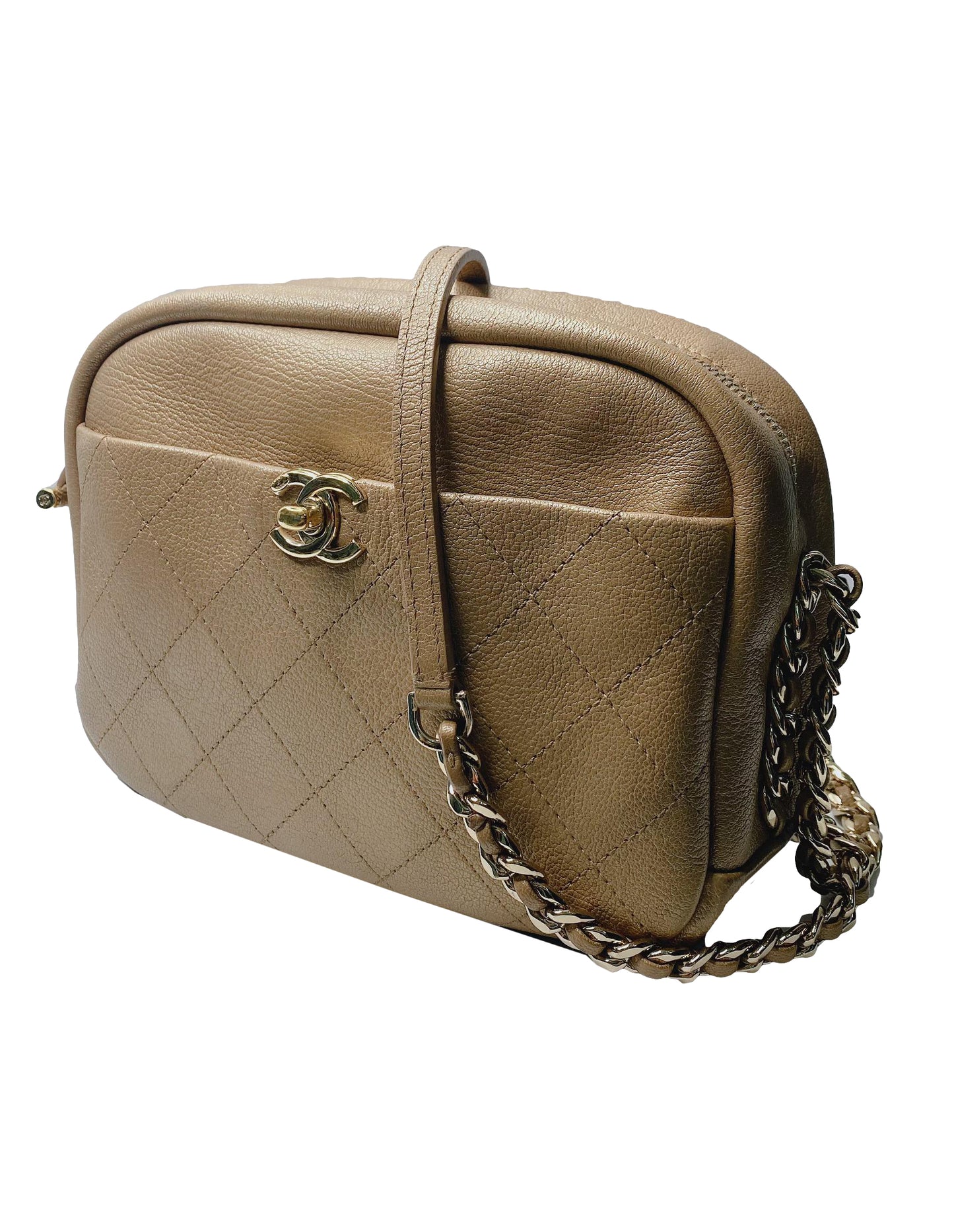 BEIGE GOATSKIN QUILTED SMALL CASUAL TRIP CAMERA CASE