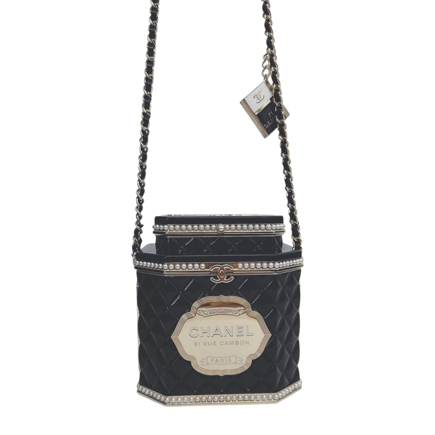LIMITED EDITION BLACK QUILTED RESIN TEA BOX MINAUDIERE IMITATION PEARL GOLD HARDWARE