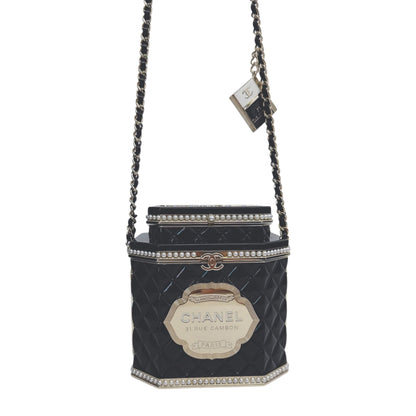 LIMITED EDITION BLACK QUILTED RESIN TEA BOX MINAUDIERE IMITATION PEARL GOLD HARDWARE