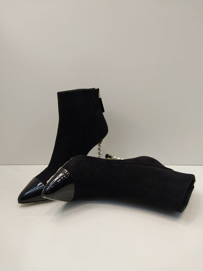 BLACK SUEDE & PATENT LEATHER  PEARL ANKLE BOOTS