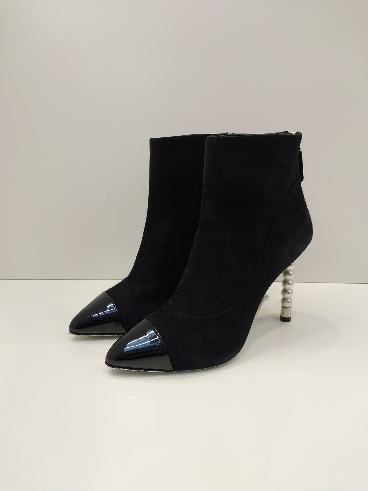 BLACK SUEDE & PATENT LEATHER  PEARL ANKLE BOOTS
