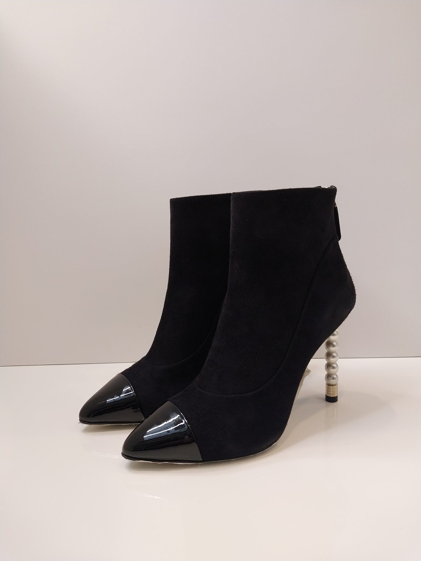 BLACK SUEDE & PATENT LEATHER  PEARL ANKLE BOOTS