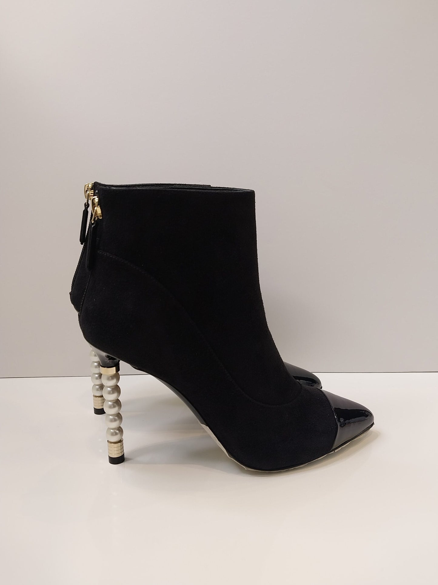 BLACK SUEDE & PATENT LEATHER  PEARL ANKLE BOOTS