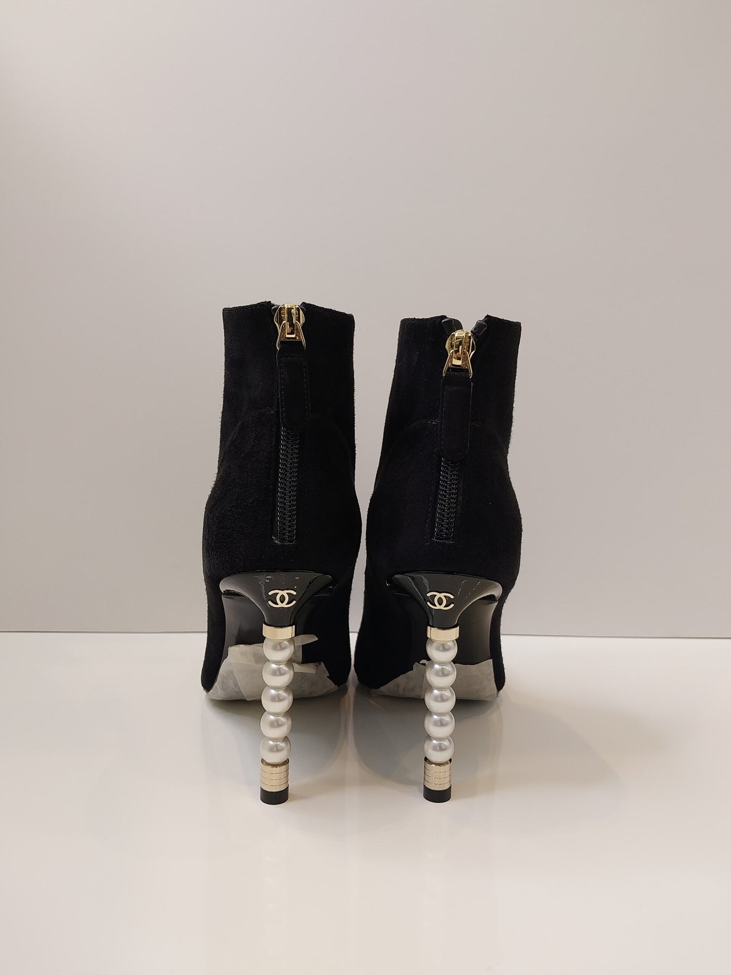 BLACK SUEDE & PATENT LEATHER  PEARL ANKLE BOOTS