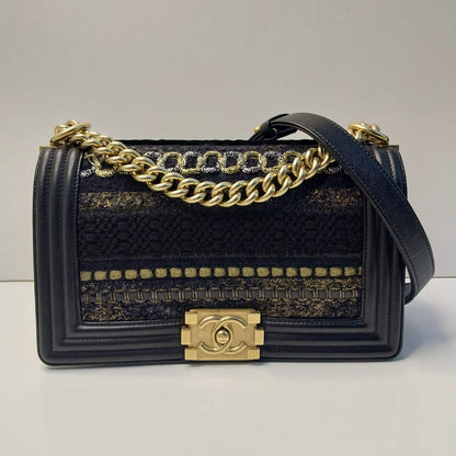 BLACK LEATHER BRAIDED TWEED MEDIUM BOY HANDBAG