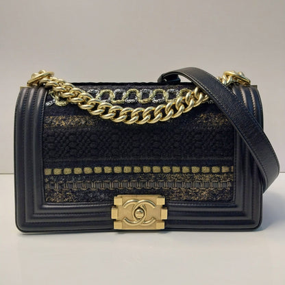 BLACK LEATHER BRAIDED TWEED MEDIUM BOY HANDBAG