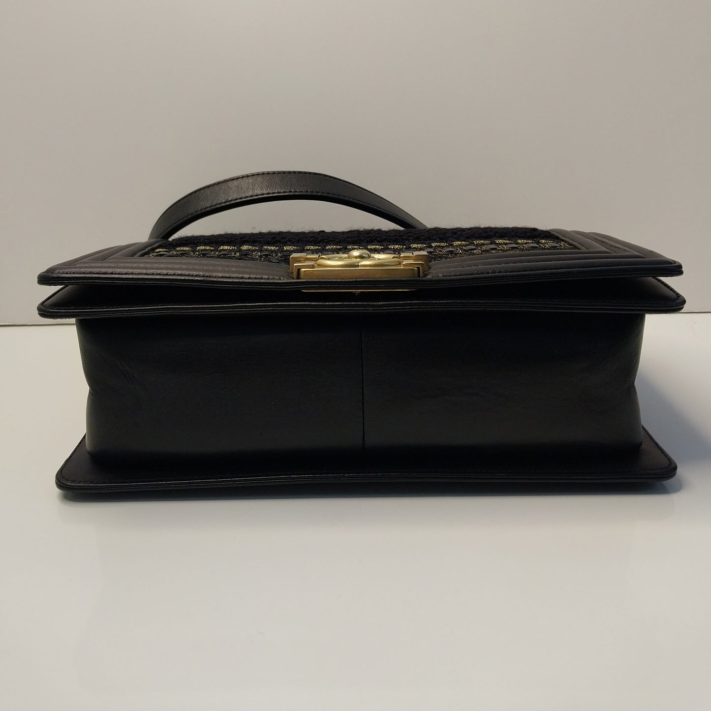 BLACK LEATHER BRAIDED TWEED MEDIUM BOY HANDBAG