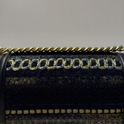 BLACK LEATHER BRAIDED TWEED MEDIUM BOY HANDBAG