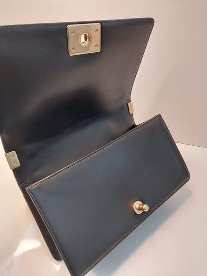 BLACK LEATHER BRAIDED TWEED MEDIUM BOY HANDBAG