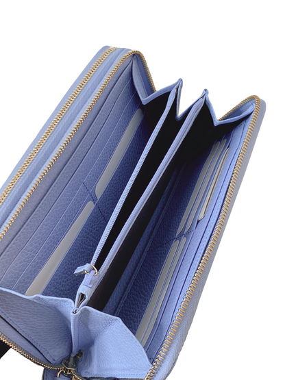 BLUE LEATHER DOUBLE ZIP ORGANIZER CLUTCH