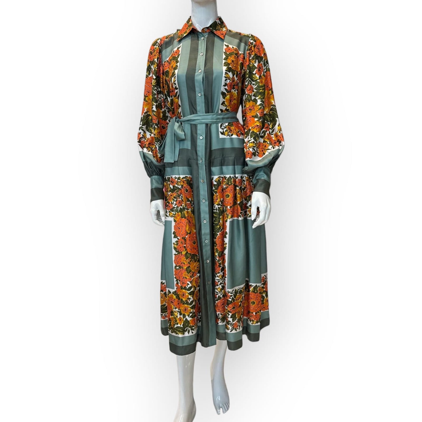 ALEMAIS GILLIAN SCRAF MIDI DRESS IN SILK TWILL ORANGE PRINT SIZE8