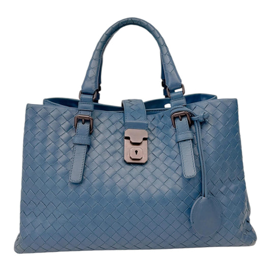 LIGHT BLUE SMALL NAPPA INTRECCIATO ROMA SATCHEL BAG