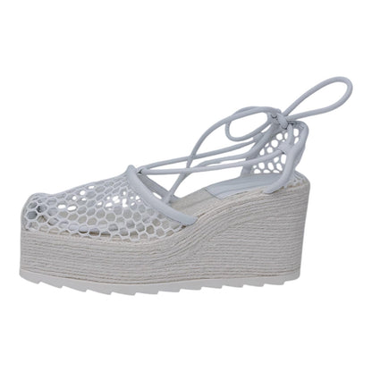WHITE MESH AND LEATHER WEDGE PLATFORM ESPADRILE ANKLE WRAP SANDALS 38