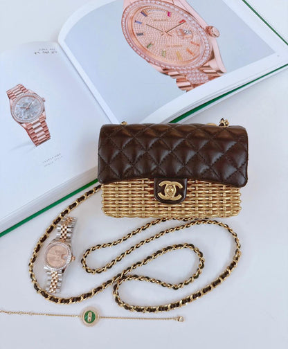 23C BLACK/GOLD WOVEN METAL LAMBSKIN SMALL FLAP EVENING BAG