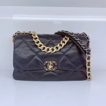 BLACK SHINY LAMBSKIN QUILTED CHANEL 19 LARGE FLAP  BAG