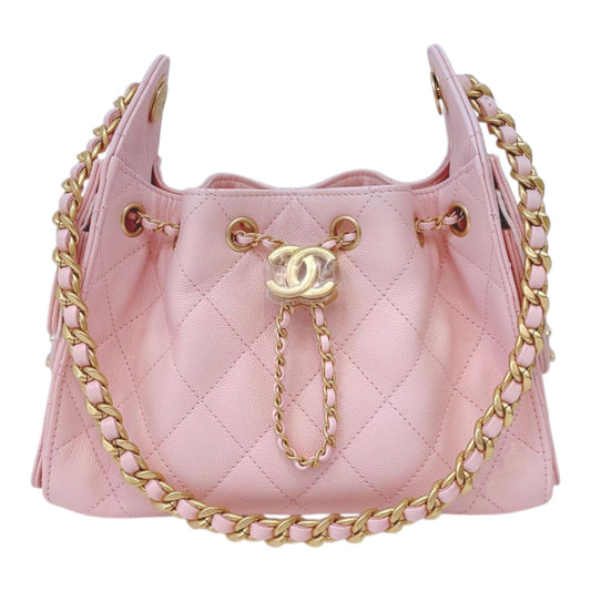 LIGHT PINK MINI CHANEL 25 HANDBAG GRAINED CALFSKIN GOLD TONE METAL HARDWARE