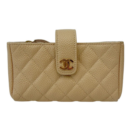 BEIGE QUILTED CAVIAR LEATHER CC O-MINI PHONE HOLDER CLUTCH