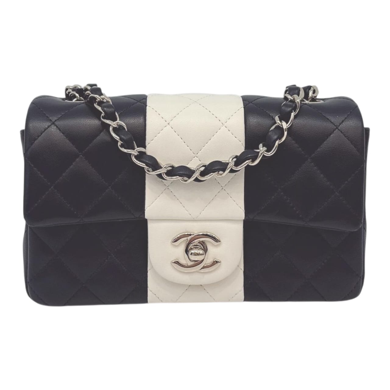 CHANEL BLACK AND WHITE QUILTED LAMBSKIN LEATHER CLASSIC MINI FLAP BAG LIGHT GOLD HARDWARE