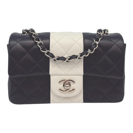 CHANEL BLACK AND WHITE QUILTED LAMBSKIN LEATHER CLASSIC MINI FLAP BAG LIGHT GOLD HARDWARE