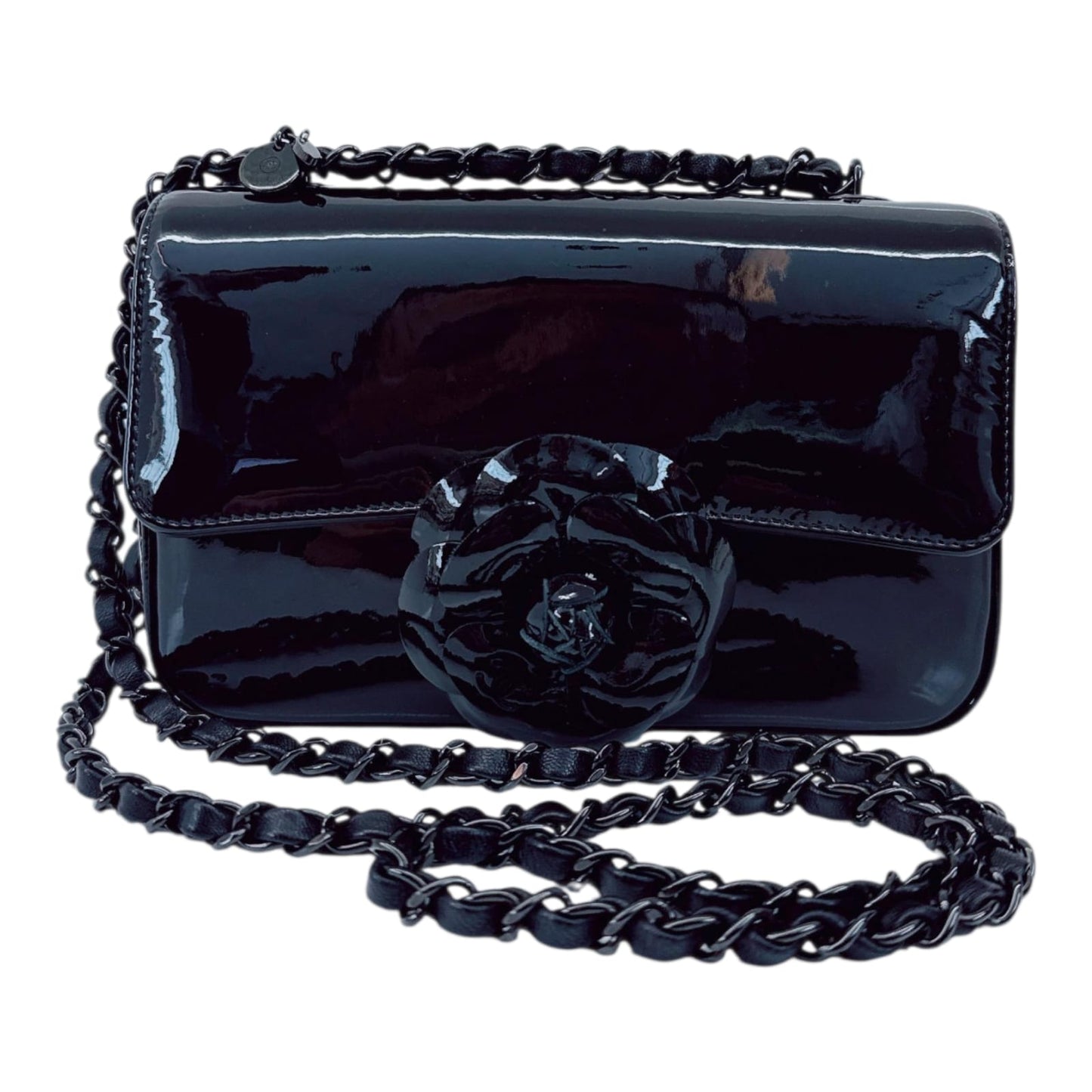 BLACK PATENT CALFSKIN SMALL CAMELLIA SINGLE FLAP BAG