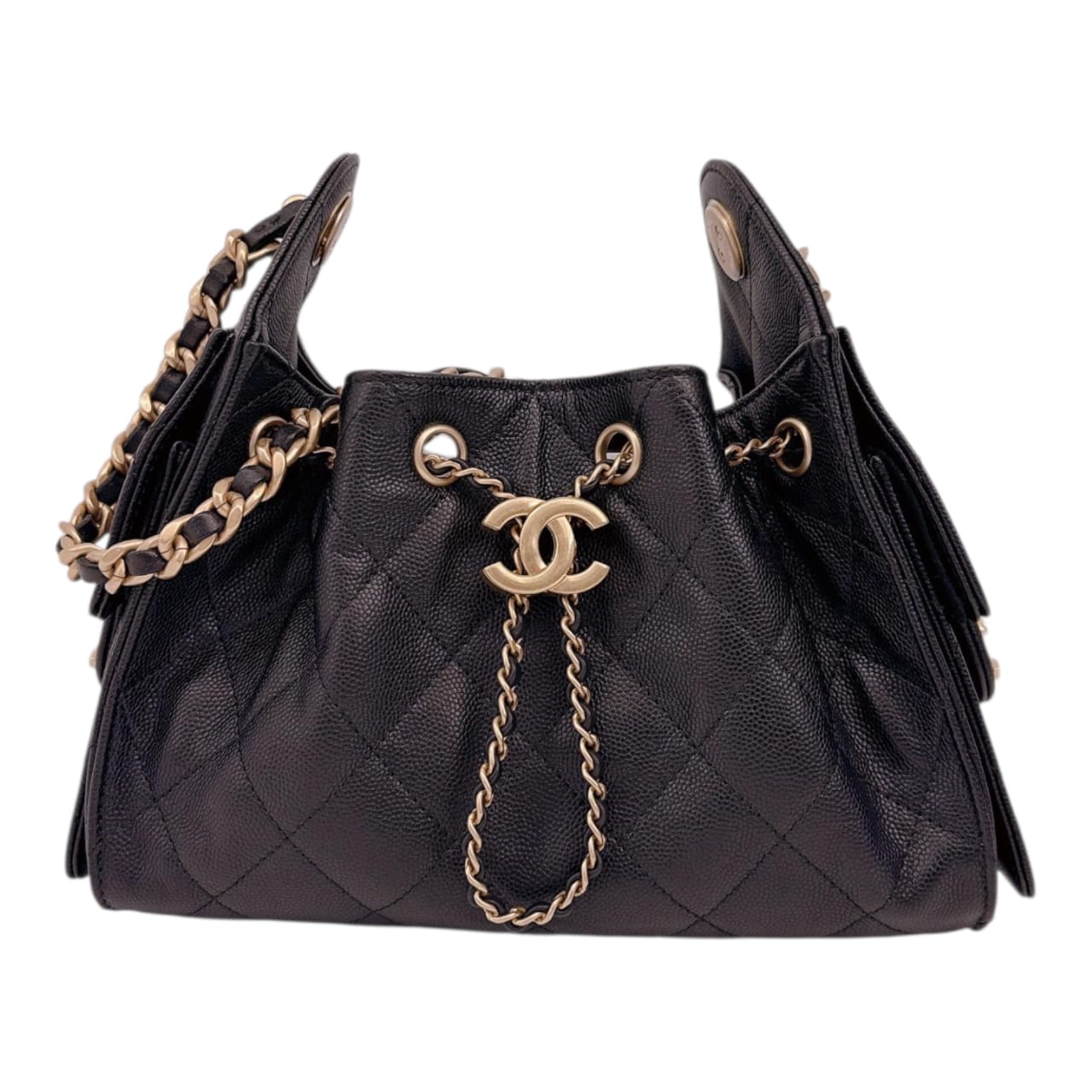 BLACK GRAINED CALFSKIN LEATHER MINI CHANEL 25 HANDBAG