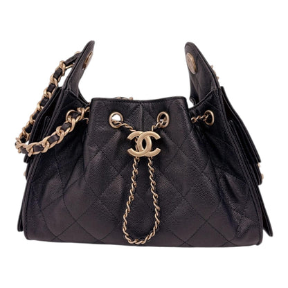 BLACK GRAINED CALFSKIN LEATHER MINI CHANEL 25 HANDBAG