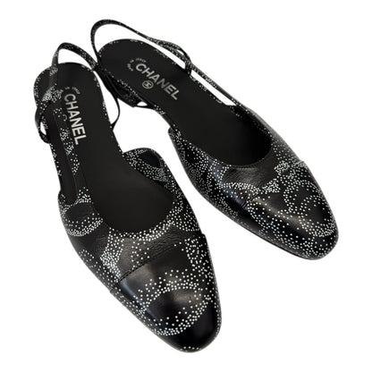 BLACK WHITE CALFSKIN CAMELLIA PRINTED CAP TOE CC SLINGBACK PUMPS 40.5