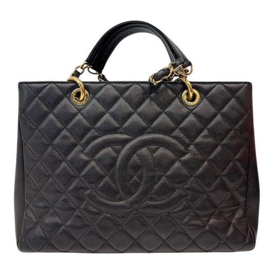 BLACK QUILTED CAVIAR LEATHER GRAND SHOPPING TOTE BAG